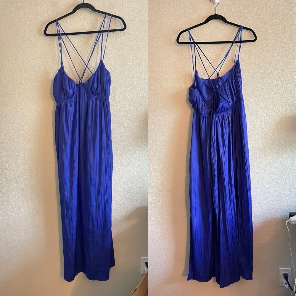 Anthropologie Halter Side Slit Maxi Dress Satin Double Slit in Blue Womens Large - Picture 2 of 10